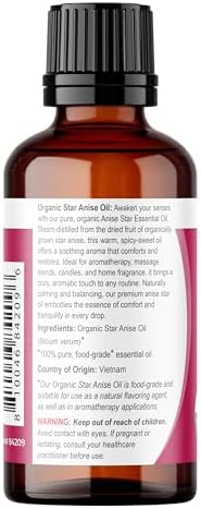 Viva Doria Star Anise Essential Oil, USDA Certified Organic Star Anise Oil, 100% Pure, Natural Essential Oil, Undiluted, for Aromatherapy | Food Grade, 30 mL (1 Fluid Ounce)