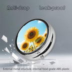 Metal Pill Organizer - 3-Compartment Mini Round Pill Case for Pocket & Purse, Portable Vitamin Holder, Easy-Open Design for Travel - Bright Sunflowers