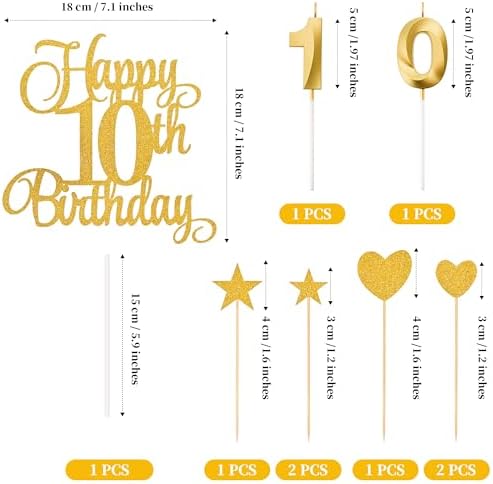 10th Birthday Cake Decorations, 10th Birthday Candles Cake Numeral Candles and Glitter Happy 10th Birthday Cake Toppers Set for Birthday Party Supplies (Gold)