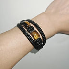 Tiger Eye Leather Bracelet Men Natural Double Tiger Eye Stone Handmade Crystal Healing Protection Bracelets