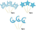 24 PCS Baby Shower Boy Cupcake Toppers with Moon Star Blue Glitter Cupcake Picks Boys Birthday Party Supplies