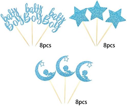 24 PCS Baby Shower Boy Cupcake Toppers with Moon Star Blue Glitter Cupcake Picks Boys Birthday Party Supplies