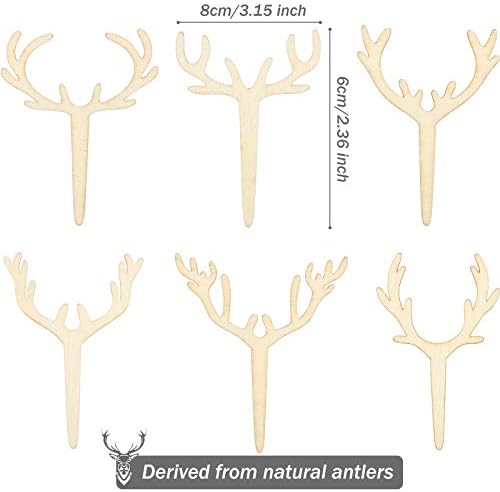30 Pieces Antler Cupcake Toppers Wooden Reindeer Cake Topper Christmas Deer Cake Picks for Baby Shower Wedding Hunting Rustic Birthday Party Favors, 6 Styles