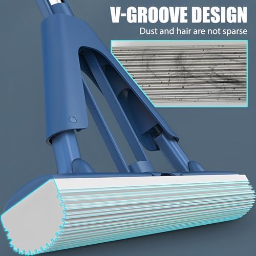 Sponge Mop Absorbent Roller Foam Mop with 50.39inch Extendable Handle and 2 Sponge Heads Self Wringing Mop Adjustable Cleaning Wet Mop for Hardwood Tile Kitchen Bathroom US(Blue 2 Glue Cotton Head)