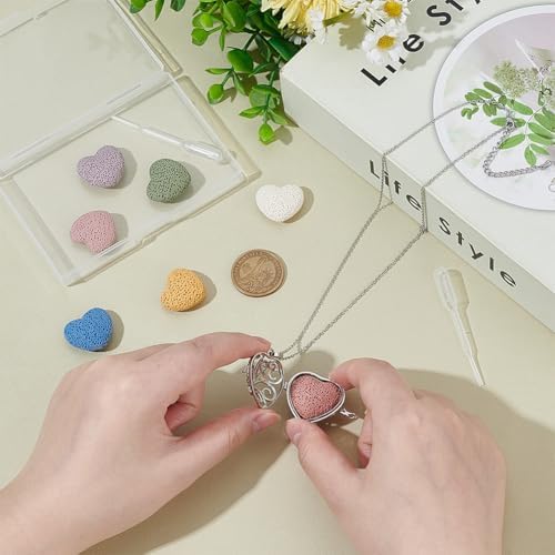 PH PandaHall Aromatherapy Essential Oil Diffuser Necklaces Love Heart Hollow Locket Pendant Necklace Tree of Life Pattern Locket Pendant Scent Necklace with 7 Lava Rocks Stones for Men Women Gifts
