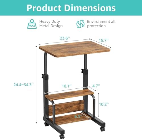 WINAZ C Shaped Rolling Laptop Desk - 24" Rustic Brown Mobile Kids Desk with Wheels for Small Spaces, Height Adjustable Overbed Table with 2-Tier Storage Shelves