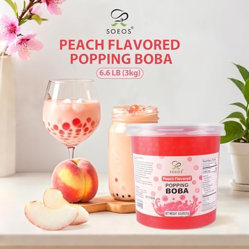Soeos Peach Popping Boba, 6.6 lbs (3kg), Bursting Peach Flavor Boba Pearls, Perfect for Bubble Tea, Desserts & Yogurt Toppings, Ready to Serve