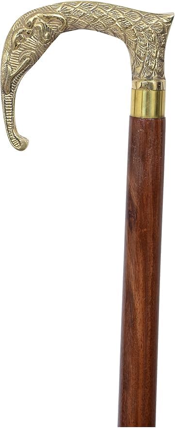 Handcrafted Brass Elephant Head Walking Stick – 36-Inch Antique-Style Brown Wooden Cane