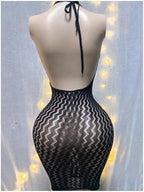 OYOANGLE Women's Fishnet Halter Bodycon Lingerie Dress Sexy Hollow Out See Through Sleeveless Chemise Beach Cover Up Dress