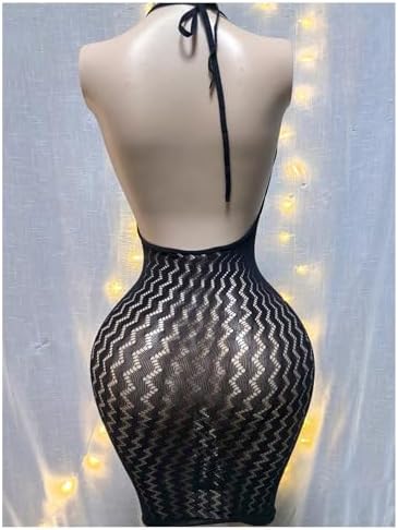 OYOANGLE Women's Fishnet Halter Bodycon Lingerie Dress Sexy Hollow Out See Through Sleeveless Chemise Beach Cover Up Dress