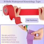 Timgle 30 Rolls Kinesiology Tape Bulk 2 in x 16 ft Waterproof Uncut Kinetic Athletic Tape Elastic Sports Tapes for Knee, Shoulder, Muscle Support & Exercise Recovery, 30 Colors (total Length 480 Ft)