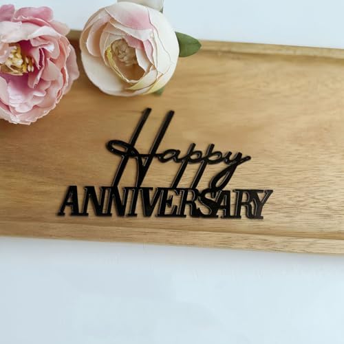 Happy Anniversary Topper, Black Acrylic Party Cake Side Decoration, Company Anniversary Sign Decoration Cake Charm for Valentine's Day Wedding Party Supplies (Black)
