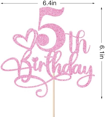 Happy 5th Birthday Cake Topper，Anniversary Party/Boy or Girl Five Year Old Birthday Party Supplies Pink Glitter