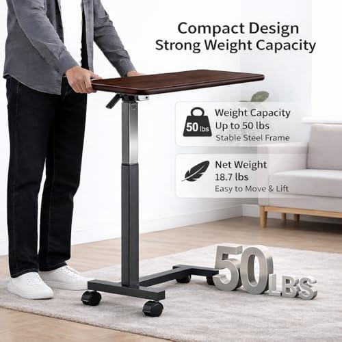 Adjustable Overbed Table with Wheels, Pneumatic Height Lift Rolling Bedside Table, Standing Desk for Home & Office Use, Ideal for Seniors & Limited Mobility(Walnut Brown)
