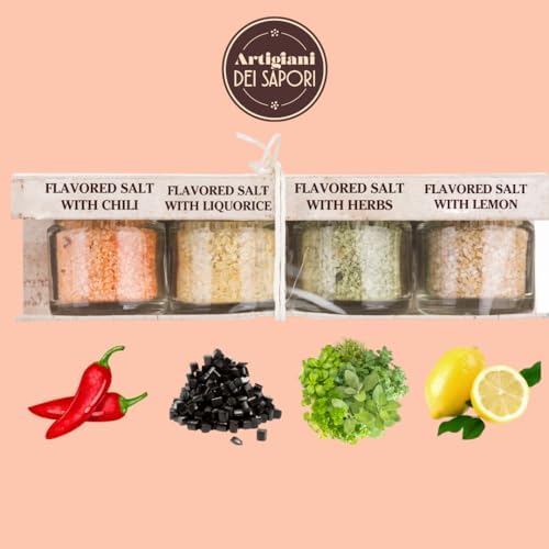 ARTIGIANI DEI SAPORI - Infused Sicilian Salts "Sali Aromatizzati", Flavored Salt with Liquorice, Herbs, Lemon, Chili, Italian Gifts - Pack of 4