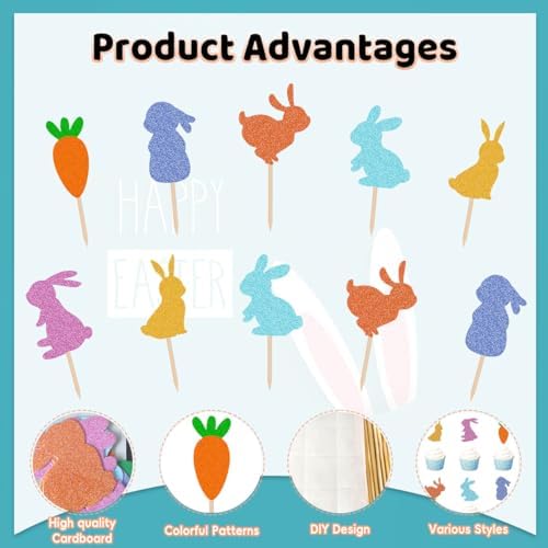 24Pcs Easter Cupcake Toppers, Bunny Carrot Cupcake Picks, Party Cake Decorations for Easter Parties, Family Gatherings, and Spring Parties