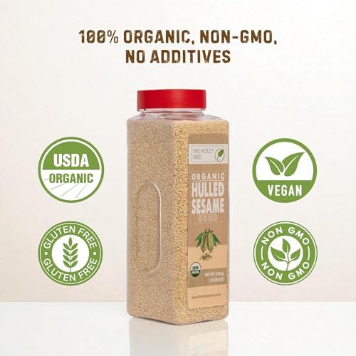 Organic Hulled Sesame Seeds 18 oz - White Sesame Seeds Organic - For Cooking, Baking and Garnishing - USDA Organic, Gluten-Free, Non-GMO - The Holly Tree