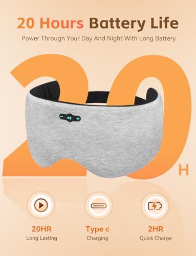 Sleep Mask with Headphones Bluetooth 6.0, 20H Playtime Sleeping Headphones with HD Stereo Speakers for Side Sleepers, Adjustable Blackout Silk Eye Mask for Travel Meditation, Gifts for Women Men(Grey)