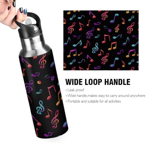 Colorful Music Note Water Bottle Vacuum Insulated Stainless Steel Mug Kids Water Bottle with Straw and Handle Keep Hot Cold Sport Bike Fit Travel Outdoor 20 oz