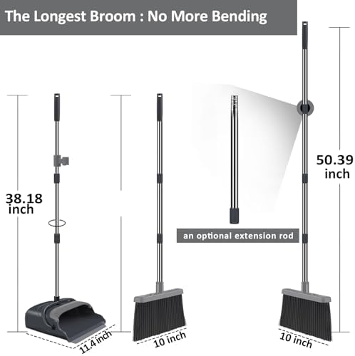 Broom and Dustpan Set for Home, Office, Indoor&Outdoor Sweeping, Stand Up Broom and Dustpan (Black&Gray)