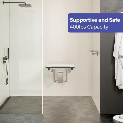 18" x 16" ADA Compliant Phenolic White Folding Shower Seat Bench, Wall Mount Foldable Bathroom Shower Chair with Stainless Steel Support, 400 lbs Capacity