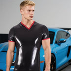 Men's Latex T-shirt Top,Latex Rubber V-neck Short Sleeved Handmade Costumes for Rave Party Theme Club