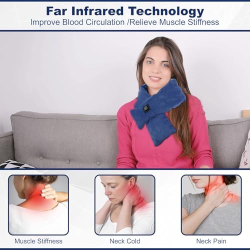Heated Scarf with Power Bank, Electric Neck Heating Pad for Pain Relief, Portable Cordless Thermal Wrap with 3 Heat Levels, Soft Velvet Electric Neck Warmer for Men & Women Outdoor Winter Use-Blue