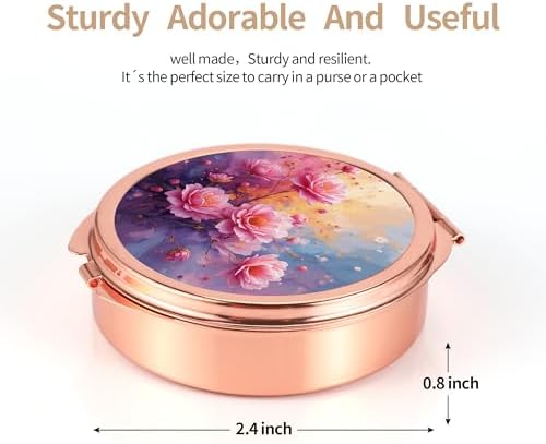Dynippy Pill Case Pill Box with Mirror Pocket 3 Compartment Medicine Case Vitamin Pill Organizer for Pocket Purse and Travel (Round, Rose Gold-BloomGlow)