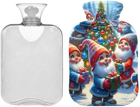 Cheerful Gnomes Christmas Tree Hot Water Bottles with Soft Cover Hand Feet Warmer Warm Water Heat Bottles for Menstrual Cramps Pain Relief, 2L