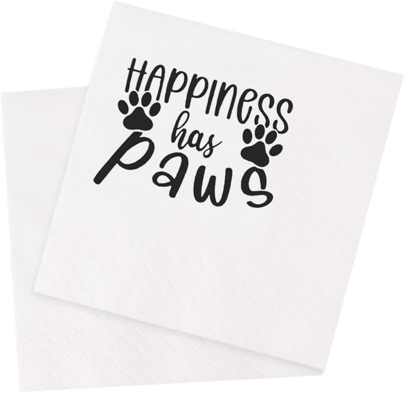 Funny Dog Quotes Cocktail Napkins, 100 Pack Happiness Has Paws Saying Disposable Beverage Paper Cocktail Napkins For Party Table Decor 100Pcs 4.5 x 4.5 2-ply (Happiness Has Paws)