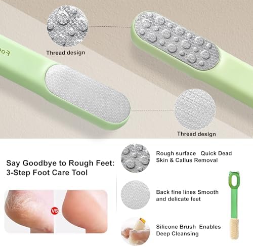 Double-Sided Stainless Steel Foot File, Foot Callus Remover & Foot Scrubber, Professional Pedicure Tool for Dry & Wet Feet, Safe Hard Skin Remover for Sensitive Feet, Green (Ergonomic Grip)