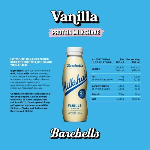 Barebells Milkshake - Batido Proteinas - 24g Proteina x Batido - Sin Lactosa - Sin Gluten - Sin Azúcares Añadidos - Vainilla - Pack 8 Batidos x 330ml