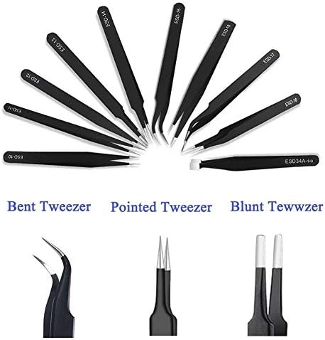Tweezers Precision Set,Easily Life 10pcs ESD Tweezers Set, Anti Static Stainless Steel Anti Magnetic Tweezers Set with Storage Bag for Craft,Electronics Repair,jewelry repair,Laboratory Work,etc