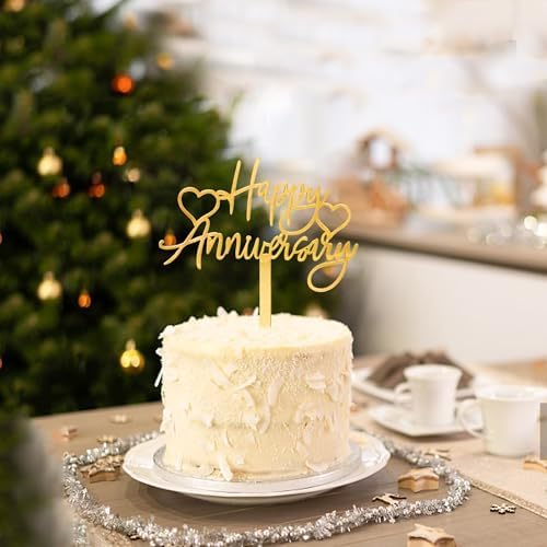 1 PCS Gold Happy Anniversary Cake Topper, Acrylic Heart Cake Decor for Weddings, Anniversaries, or Party Decoration Supplies