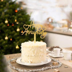 1 PCS Gold Happy Anniversary Cake Topper, Acrylic Heart Cake Decor for Weddings, Anniversaries, or Party Decoration Supplies
