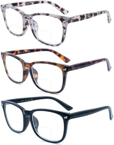 3 Pack Bifocal Reading Glasses for Women Men Bi-focal Readers PC Frame Fixed Hinge Dual Focal Clear Top Eyewear, +1.75