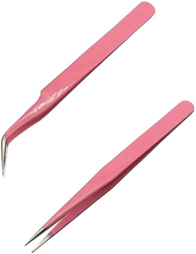 Professional Stainless Steel Eyelash Extension Tweezers Set, Pink Color, 2 Piece Precision Beauty Tools with Straight and Curved Tips, 4.76 Inch and 5.3 Inch Length