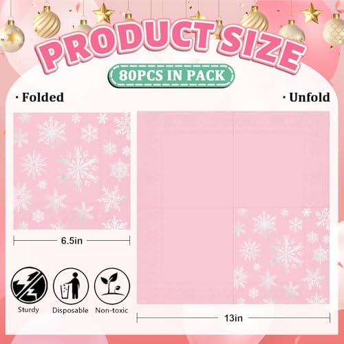 FYSUIMU 80 Pcs Winter Paper Napkins Christmas Foil Silver Pink Snowflake Disposable Luncheon Napkins Xmas Dinner Napkin for Winter Birthday Baby Shower Party Table Supplies