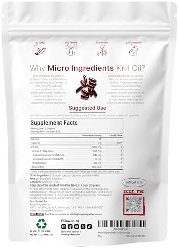 Micro Ingredients Antarctic Krill Oil Supplement, 2,000mg Per Serving, 240 Softgels, Triple Strength, Rich in Omega-3s EPA, DHA & Natural Astaxanthin, Supports Immune System & Brain Health