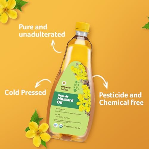 Organic Tattva Cold Pressed Mustard Oil (1 Litre) - Fresh Unrefined Organic Mustard Oil for Hair, Skin Care and Massage - Omega 3 Rich - No Added Preservatives - USDA Certified
