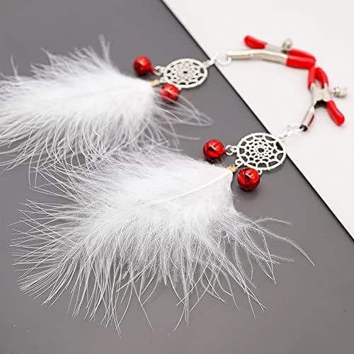 Feather Tassel Nipple Clips with Bells Adjustable Non Piercing Breast Nipple Clamps Sexy Feather Dangle Nipple Body Jewelry (White)