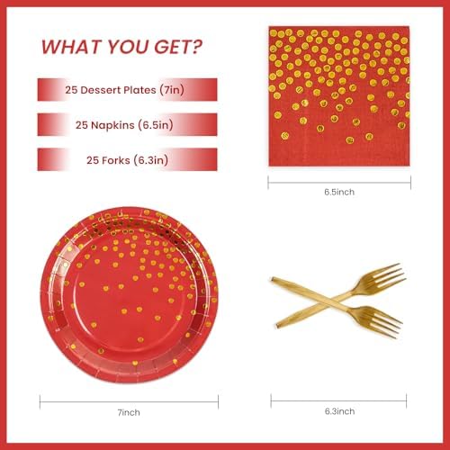 75Pcs Red Dots Glod Paper Plates and Napkins Party Supplies Set,Red Disposable Plates Party Supplies Includes Paper Napkins Forks Decorations for Birthday,Wedding,Christmas,Serves 25