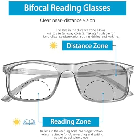 2 Pack Photochromic Bifocal Reading Glasses for Women Men Blue Light Blocking Clear Top Transition Readers