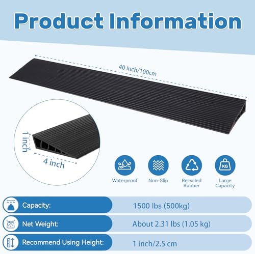 1" Rise Threshold Ramps for Doorways 40'' L Rubber Wheelchairs Ramps for Home Self-Adhesive, Door Transition Strip for Home (Black)