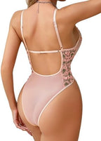 Lilosy Plus Size Women Sexy Lace Up Floral Embroidered Teddy Babydoll Lingerie Bodysuit Top Mesh Sheer One Piece See Through Pink XX-Large