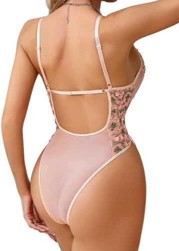 Lilosy Plus Size Women Sexy Lace Up Floral Embroidered Teddy Babydoll Lingerie Bodysuit Top Mesh Sheer One Piece See Through Pink XX-Large