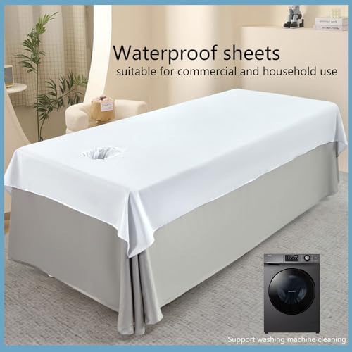 Premium Reusable Massage Table Sheets Bed Cover 47 x 90 Inches with Face Hole, Fitted Table for Master Massage, Waterproof and Oilproof, Stain and Wrinkle-Resistant, Machine Washable（White）