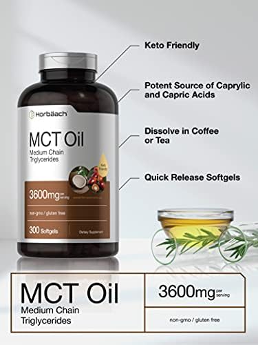 Horbäach MCT Oil Pills | 3600mg | 300 Softgel Capsules | Keto Supplement from Coconut | with Caprylic & Capric Acid | Non-GMO, and Gluten Free