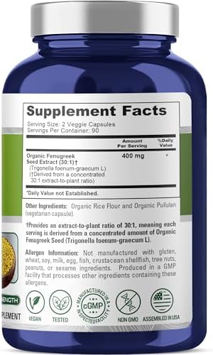 NusaPure Fenugreek Seed 30:1 Extract, 400 mg Equivalent to 12,000 mg per Serving, 180 Veggie Capsules – Herbal Supplement – Non-GMO, Vegan