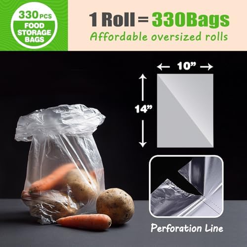 Teivio 330 Count 10" x 14" Plastic Produce Bags on A Roll, Clear Kitchen Disposable Plastic Storage Bags for Bread Fruit Vegetable